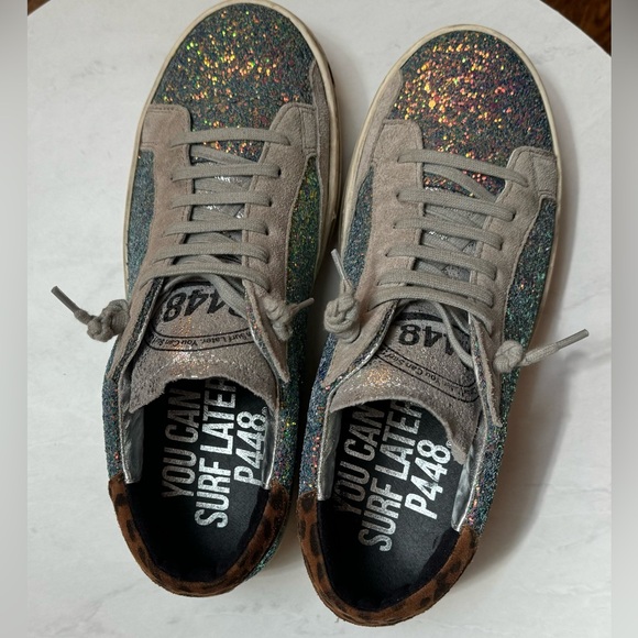 P448 Glitter Sneakers grey suede and cognac leopard print suede heel tab.Size 39 - Picture 4 of 9